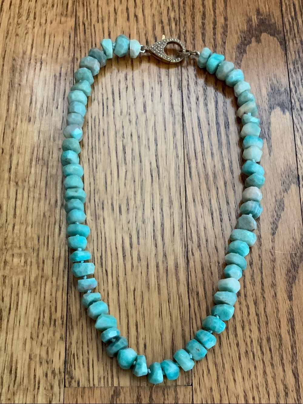 Handcrafted Amazonite Beaded Necklace with Brass and Diamond Clasp